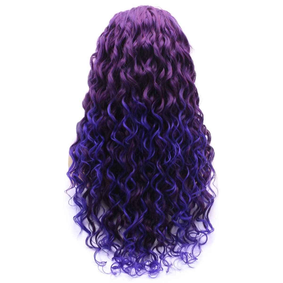 Meiyite Hair Curly Long 26inch Purple Root Light Purple Ombre Half Hand Tied Heavy Density Synthetic Lace Front Wigs