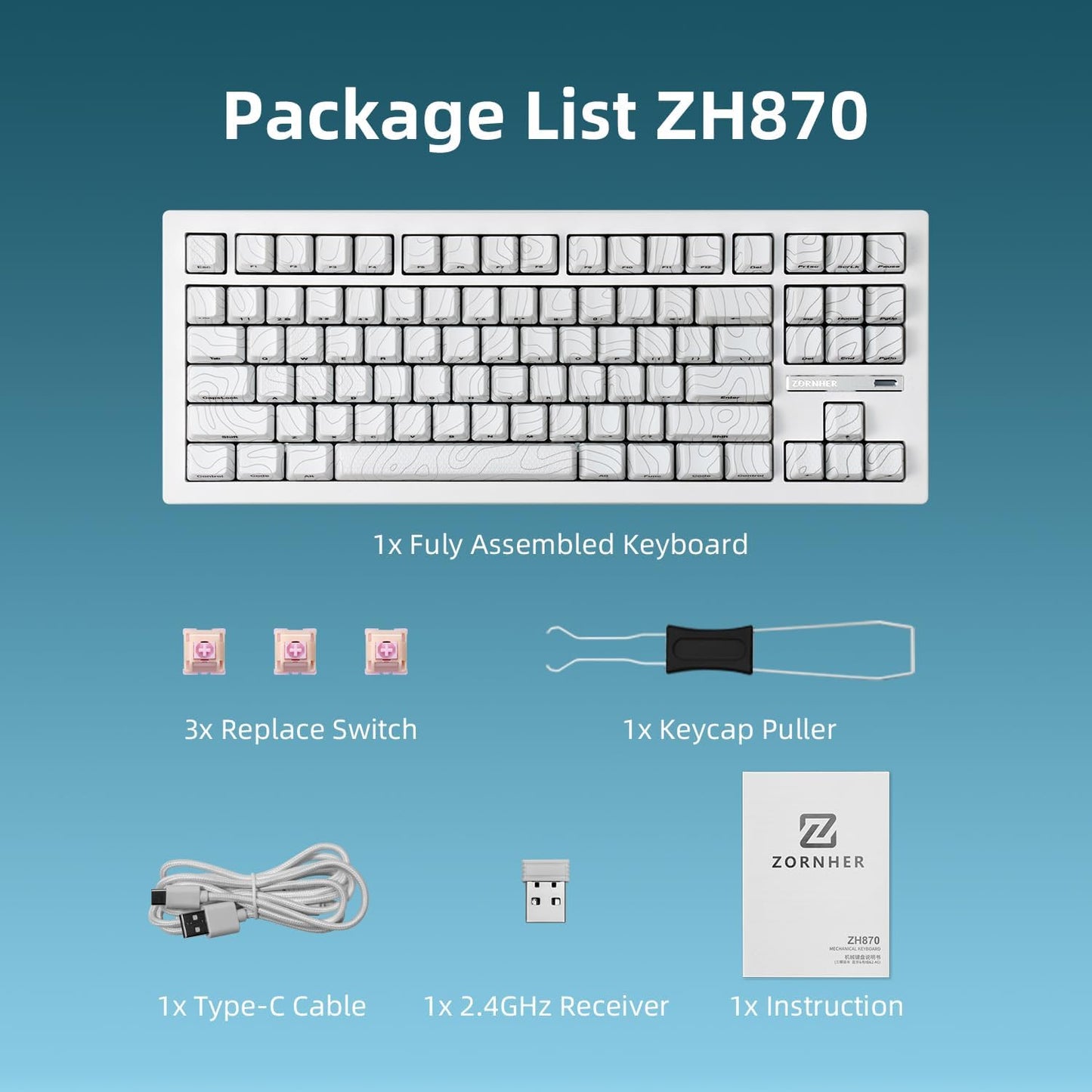 ZORNHER ZH870 Wireless Mechanical Gaming Keyboard,80% White Custom Creamy Sound Keyboard with Lighted Up IMD PBT Keycaps,Pre-lubed Linear Switches,Hot-Swappable,RGB Backlit,2.4GHz/USB-C/BT5.0