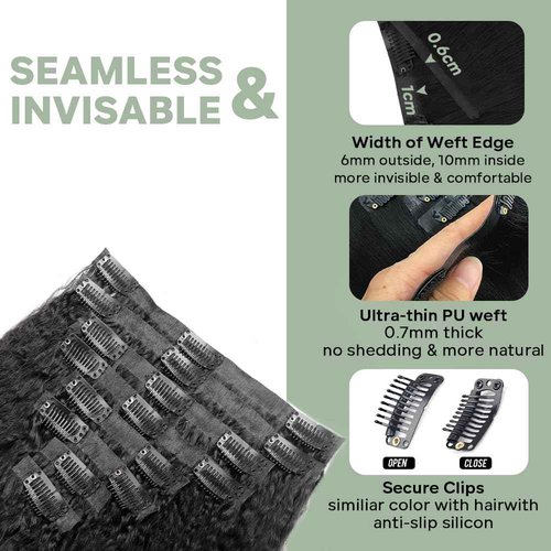 Seamless Clip in Hair Extensions Real Human Hair Kinky Straight Clip ins Brazilian Virgin Human Hair Extensions for Women 8Pcs PU Clip in Remy Hair Skin Weft 18Clips 120g (26inch,Natural Black)