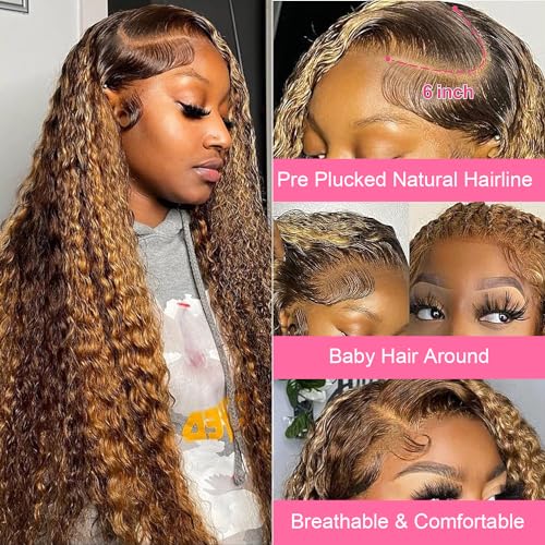 26 Inch 13x6 Highlight Ombre Deep Wave Lace Front Wigs Human Hair Pre Plucked #4/27 Colored Glueless Wigs Water Wave Honey Blonde Curly Lace Frontal Wigs Human Hair for Women