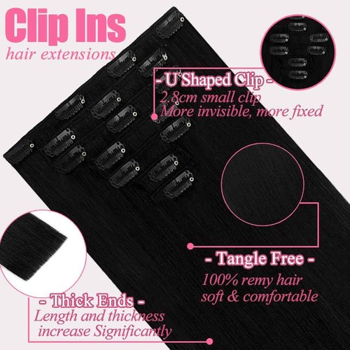 Clip in Hair Extensions Real Human Hair, #1 Jet Black Human Hair Extensions, 22 Inch 7Pcs 115g Human Hair Clip in Extensions, Double Weft Seamless Invisible Extensions Human Hair for Women