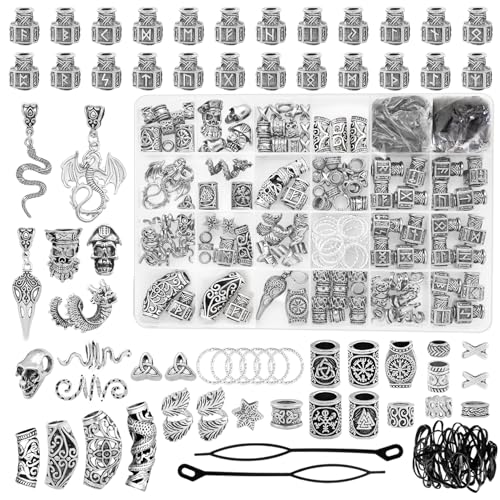 Fscwlmon 242PCS Vikings Hair Clips Jewelry for Women Men Norse Runes Tube Beads Loc Accessories Metal Braids Clip Cuffs for Dreadlock Viking Beard Hair Beads Bracelet Necklace DIY Pirate Decor Silvery