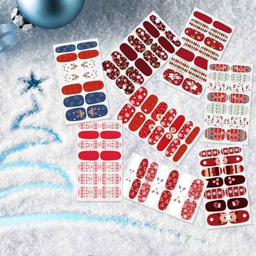 DANNEASY 8 Sheets Christmas Nail Wraps Holiday Nail Polish Stickers Festival Nail Polish Strips for Women Self Adhesive Fingernail Stickers Nails with Nail File, Cuticle Stick