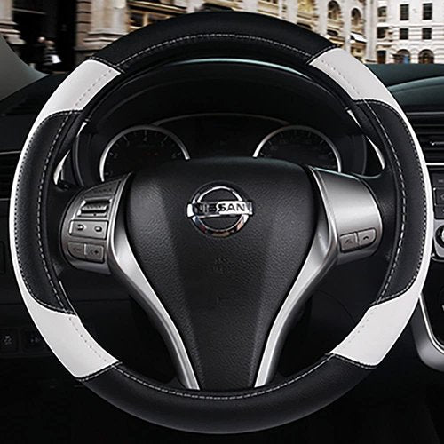 Leather Car Steering Wheel Cover, Non-Slip Car Wheel Cover Protector Breathable Microfiber Leather Universal Fit for Most Cars(White)