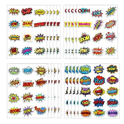 Anprola Super-hero Temporary Tattoos Stickers for Kids 20 Sheet Boom Letter Sign Cutout Party Favors Decoration Supplies for Girls Boys Gifts Classroom School Prizes Rewards Goodie Bag Fillers