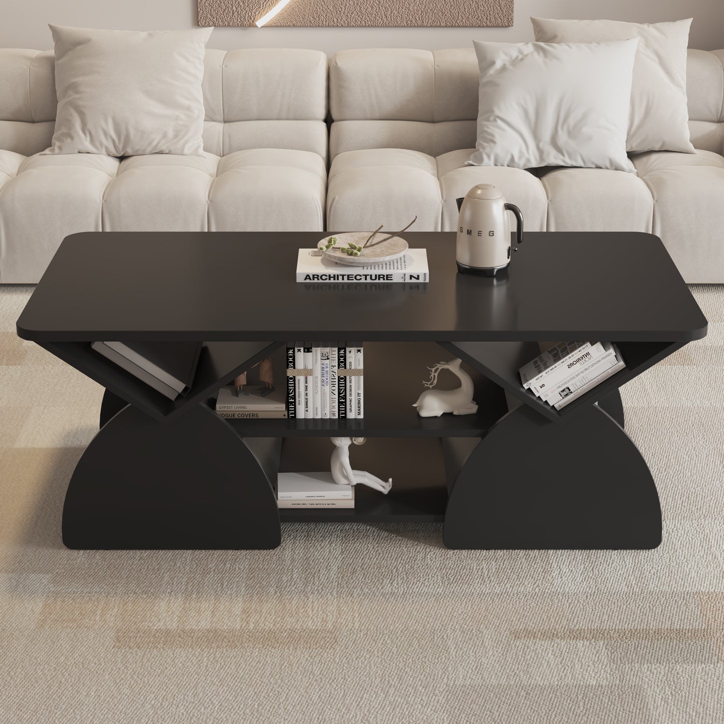 Engineered Wood Rounded Corner Rectangular Coffee Table For Living