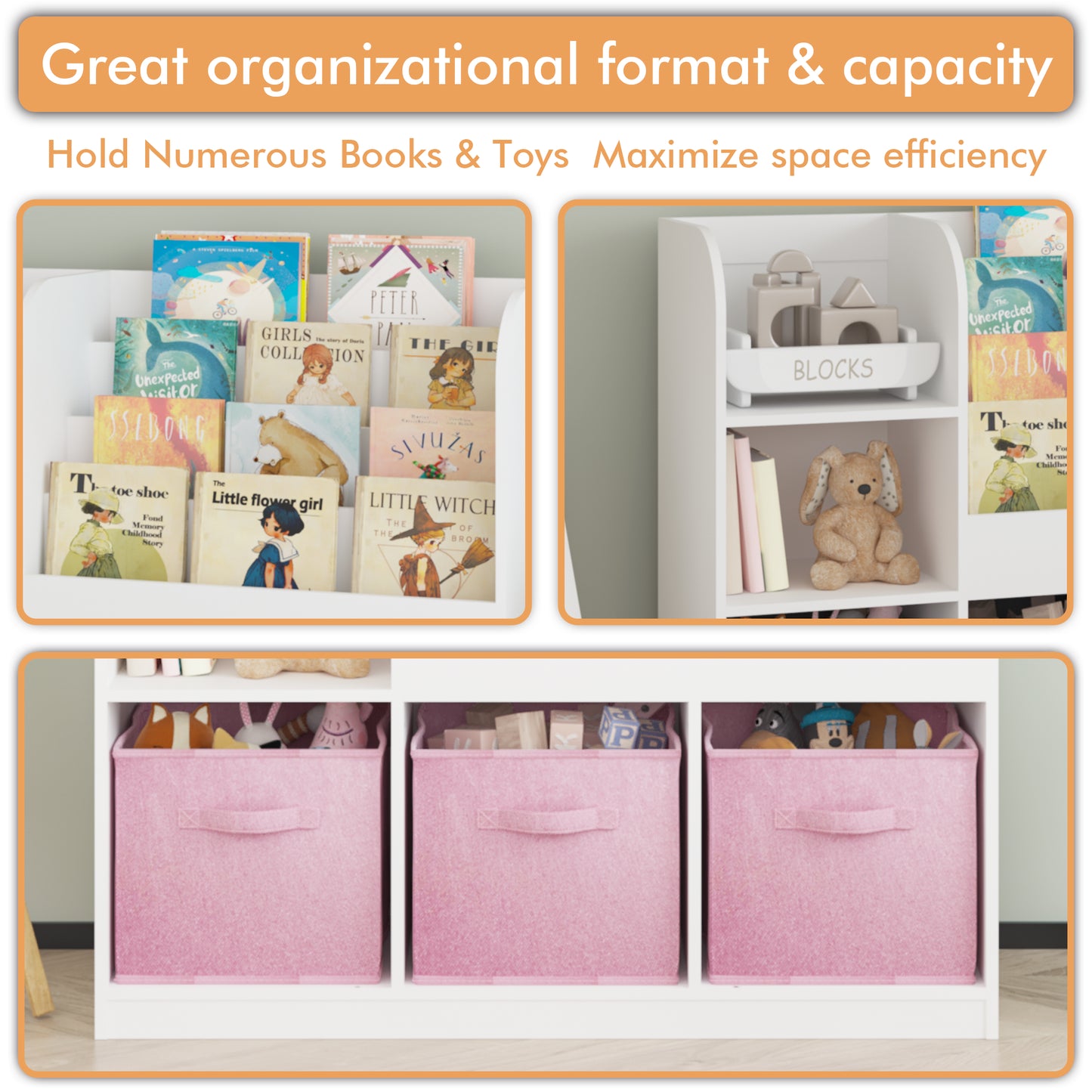 Kids Bookcase with 3 Fabric Drawers - White and Pink