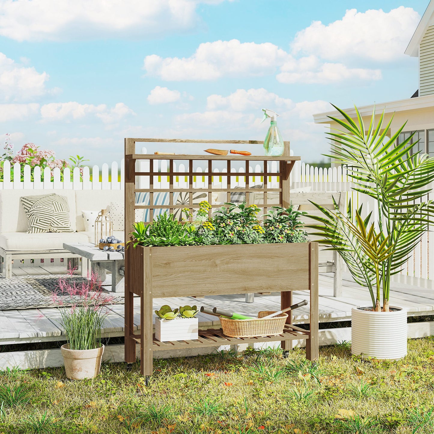 41-Inch Raised Garden Bed with Wheels, Wooden Planter Box, Trellis & Storage Shelf - Dark Brown