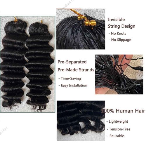 Deep Wave Crochet Human Hair Extensions Brazilian Virgin Feather Human Hair Bundles Pre Separated Braiding Hair Pre Looped for Boho Braids For Black Women Walnut Hair Natural Color 16inch 60g