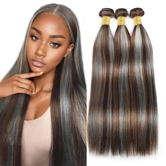 Giginger Bundles Human Hair P4/GREY 16 18 20 inch Straight Wave Human Hair Bundles Highlight Chocolate Grey Unprocessed Quick Weave Soft Sewn In Hair Extensions for Black Women