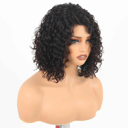 ManeMajesty 12 Inch Deep Curly Bob Wig Short Curly Human Hair Wigs for Women Jerry Curl Side Part Lace Front Wigs 100% Brazilian Remy Human Hair Wear and Go Glueless Wig 12A Natural Color