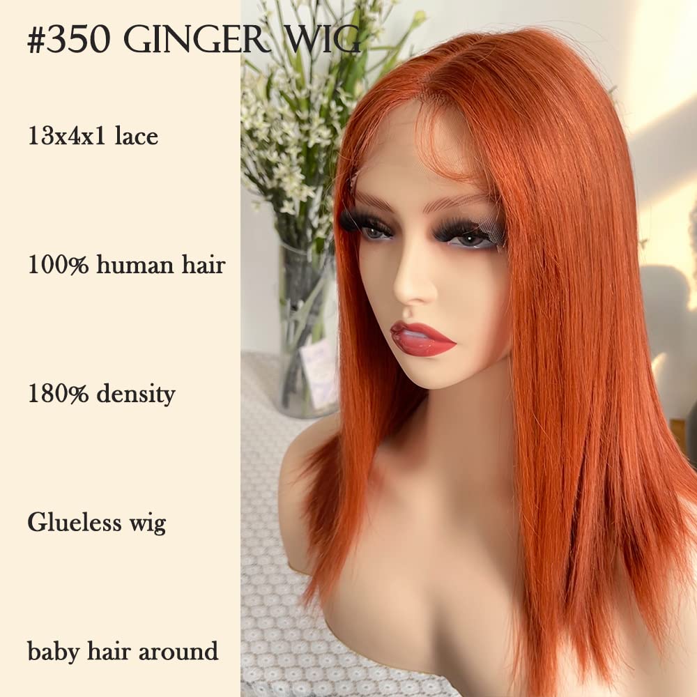 Ginger Human Hair Wig 100% Human Hair Ginger Lace Front Wig Burnt Orange Lace Bob Wig Middle Part 180% Density16 Inch 13x4x1 Lace Wig with Baby Hair