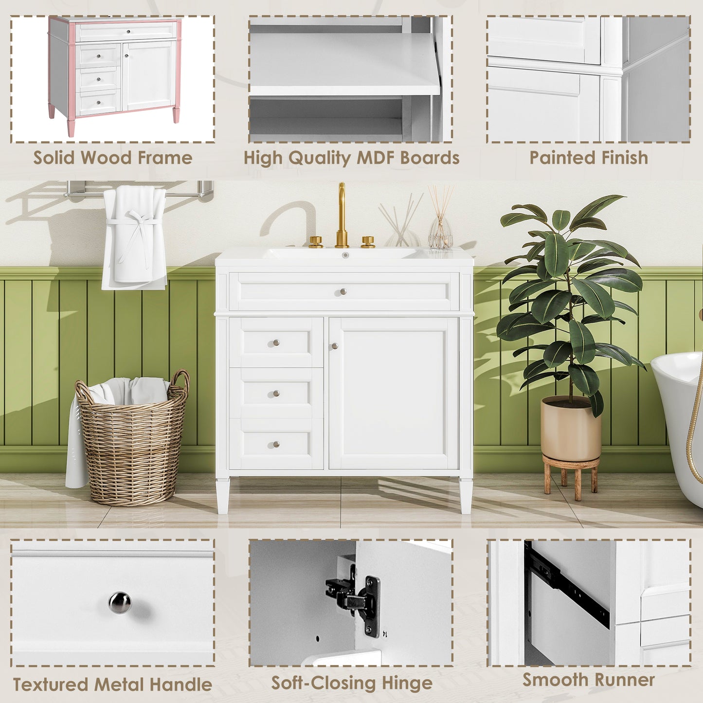 36'' Modern Bathroom Vanity with Ceramic Sink and Storage Cabinet