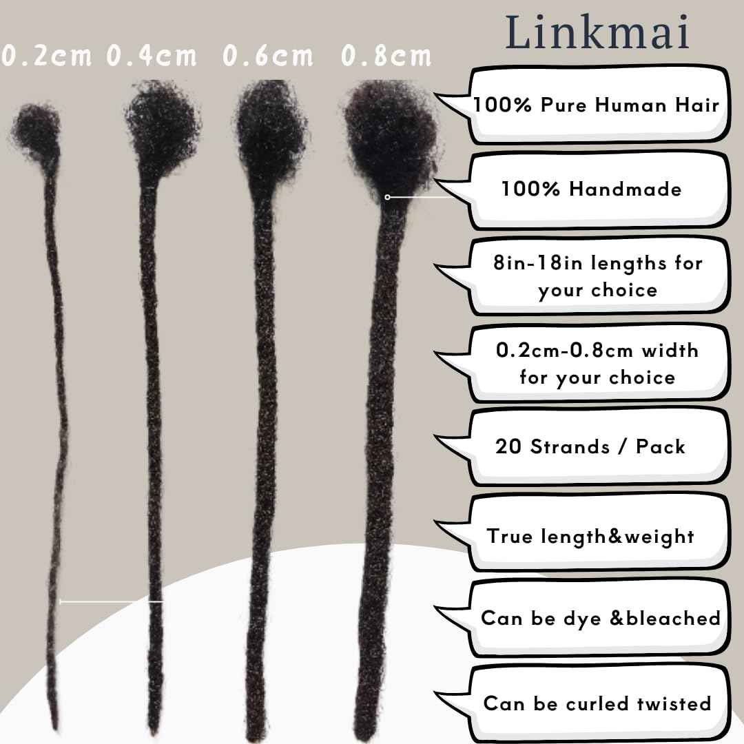 LinkMai 0.2-0.8cm Locs 8-18 I nch 20 Strands 100% Real Human Hair Dreadlock Extensions for Man/Women Permanent Loc Extensions Bundles Can Be Dyed Bleached Curled & Twisted (0.8CM, 1B, 18 INCH)