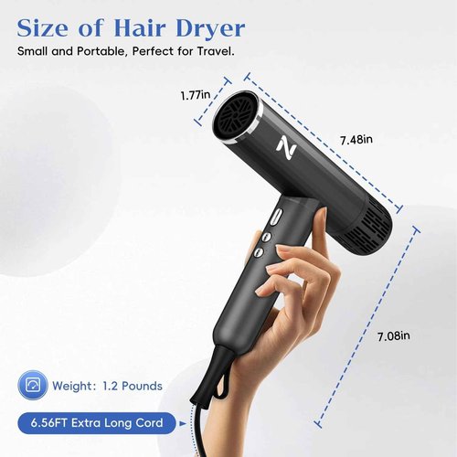 Natrial Ionic Salon Hair Dryer with 3 Attachments, 1600W Professional Blow Dryer with 110000RPM High Speed Brushless Motor for Fast Drying, Lightweight, Low Noise, Locking Function, Dark Gray