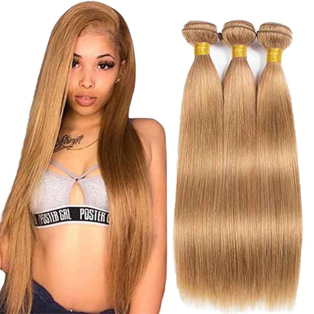 27# Blonde Human Hair Bundles Blonde 28 30 32 Inch Straight Honey Blonde 27 Color Blonde Bundles Human Hair Unprocessed Brazilian Virgin Hair Quick Weave Hair for Black Women