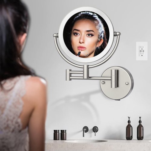 LEDOOLE Rechargeable Wall Mounted Lighted Makeup Vanity Mirror with Magnification, 8 Inch Double-Sided 10X Magnifying Bathroom Mirror, Light up Mirror Foldable, Vibrant Brushed Nickel
