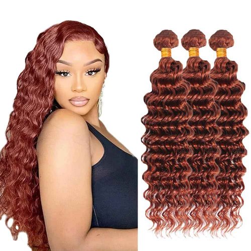 Copper Bundles Deep Wave Human Hair Extensions - 24, 26, 28 Inch - Reddish Brown - Peruvian Virgin Hair - 3 Bundles