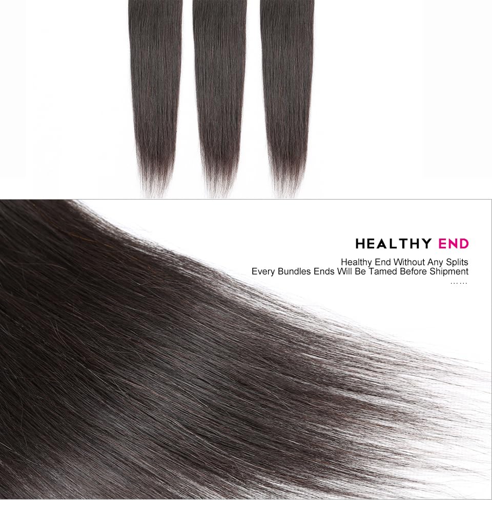 Human Hair 3 Bundles with Closure Straight 100% Unprocessed Virgin Brazilian Hair Bundles with 4x4 Lace Closure Free Part, Double Weft 10A Hair Weave Extensions (16" 16" 16" + 12" Closure)