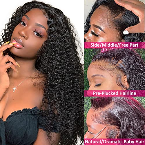 CYNOSURE 13x4 Lace Front Wigs Human Hair Pre Plucked 180% Density Brazilian Kinky Curly Frontal Wig with Baby 9A Natural Black for Women(16, Wigs)