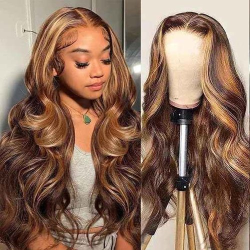 Aorbige Body Wave Style Highlight Ombre Lace Frontal Wig Human Hair Wigs #4/27 Brown with Honey Blonde Color for Black Women Pre Plucked Hairline 180% Density (24inch, 13x6 Lace Front Wig)