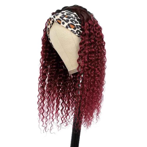 YiweYowe 26 Inch 1B99J Burgundy Headband Wig Human Hair 150% Density Grade 8A Unprocessed Brazilian Virgin Hairs Machine Made Ombre Red Deep Wave Headband Wig Human Hair None Lace Front Wig