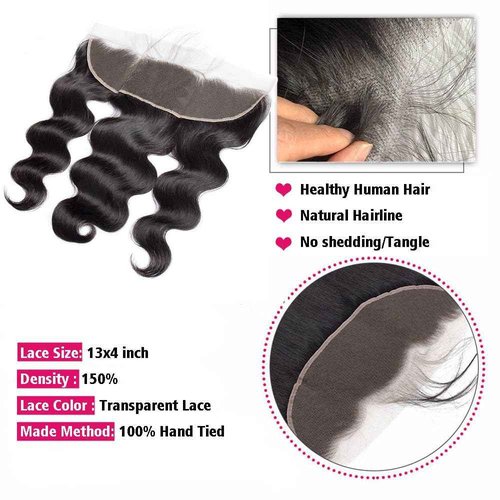 CHEEON 13x4 Transparent HD Lace Frontal 20 Inch Brazilian Body Wave Lace Frontal Closure Human Hair 100% Unprocessed Virgin Human Hair Frontals Pre Plucked with Baby Hair 150% Density Natural Black