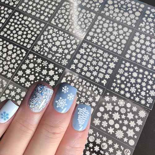 30Pcs Snowflake Nail Art Stickers Winter Christmas Nail Decals White Snowflakes Nails Designs 3D Self Adhesive Nail Supplies for Women DIY New Year Winter Holiday Manicure Decorations Accessories