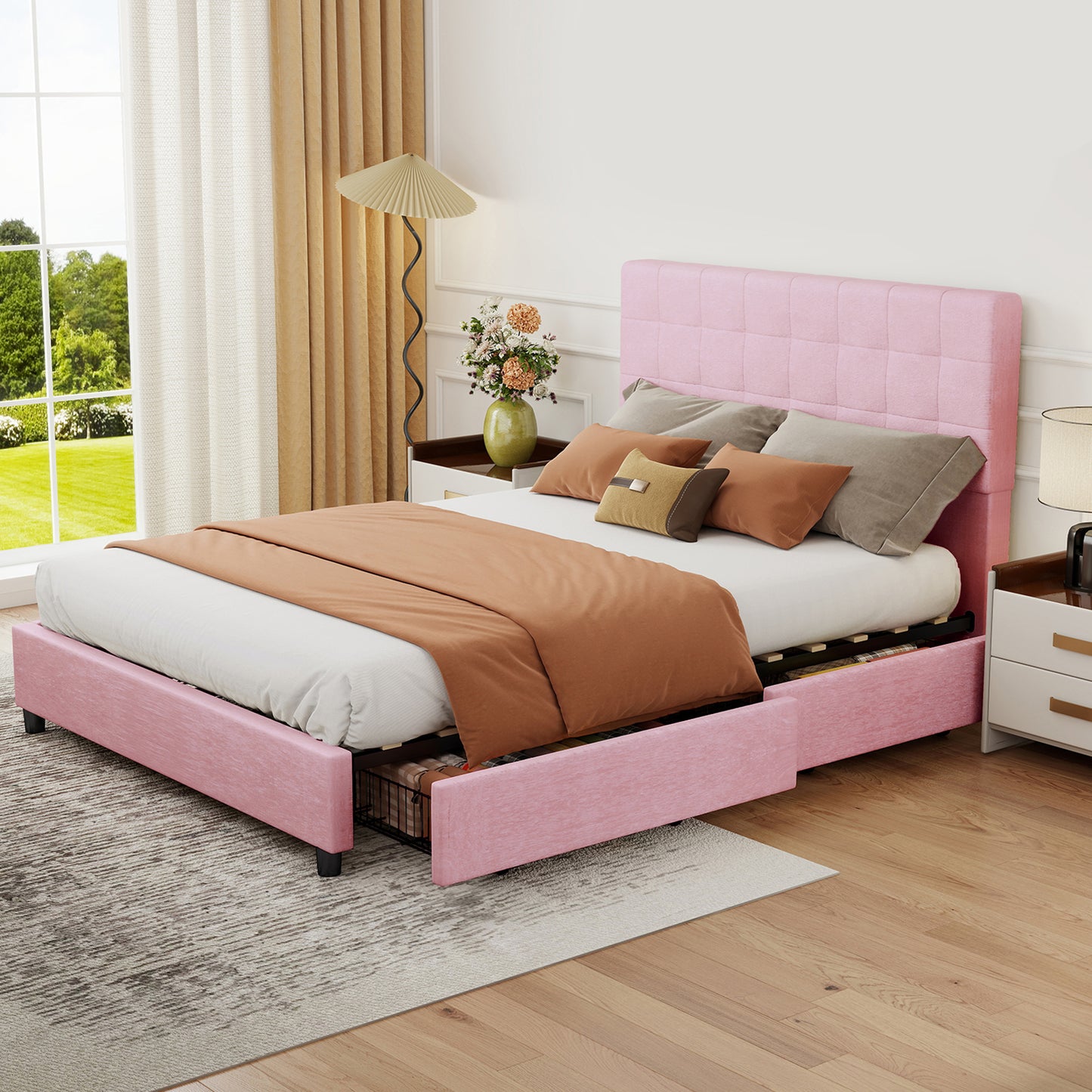 Queen Bed Frame Upholstered Vertical Channel Headboard With 4 Storage