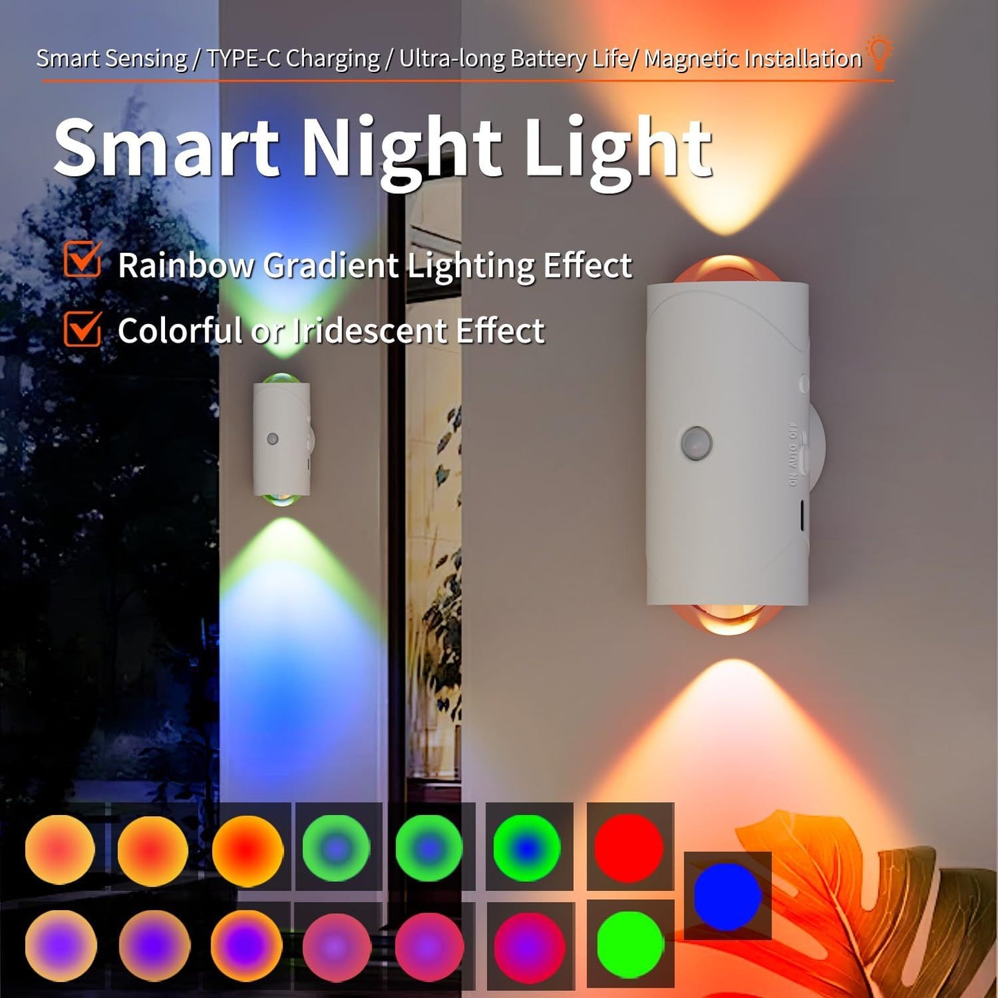 Rechargeable Multi-Color LED Night Light Wall Lamp - Dimmable Indoor Sensor Light