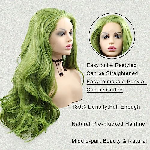 Green Lace Front Wig Body Wave Glueless Lace Wigs Olive Green Long Curly Wavy Pre Plucked Natural Wig Synthetic Heat Resistant Fiber Hair Colorful Wig for Women Daily 24 Inch