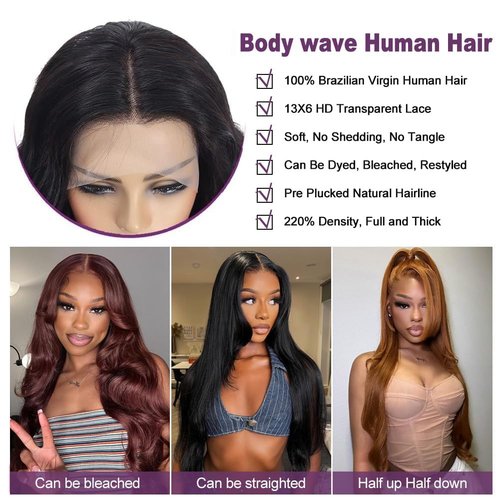 VXCVAE 24 Inch 13x6 Lace Front Wigs Human Hair Pre Plucked 220% Density Body Wave HD Lace Front Wigs Human Hair Natural Black Glueless Frontal Wig for Women
