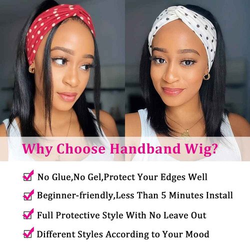 AISI Bob Headband Wig Human Hair Short Wigs for Black Women Straight 150% Density (16 Inch)