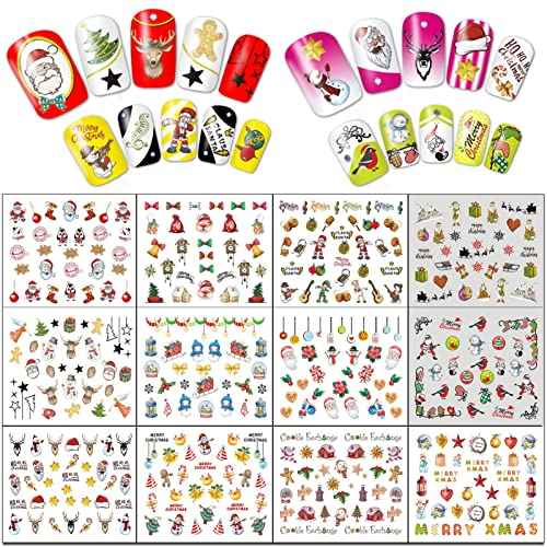 TailaiMei 60 Sheets Christmas Nail Stickers, Water Transfer Decals, Winter Full Nail Wraps Nail Art Decorations, Design for Santa Claus Snowflake Snowman (1028 Pcs)