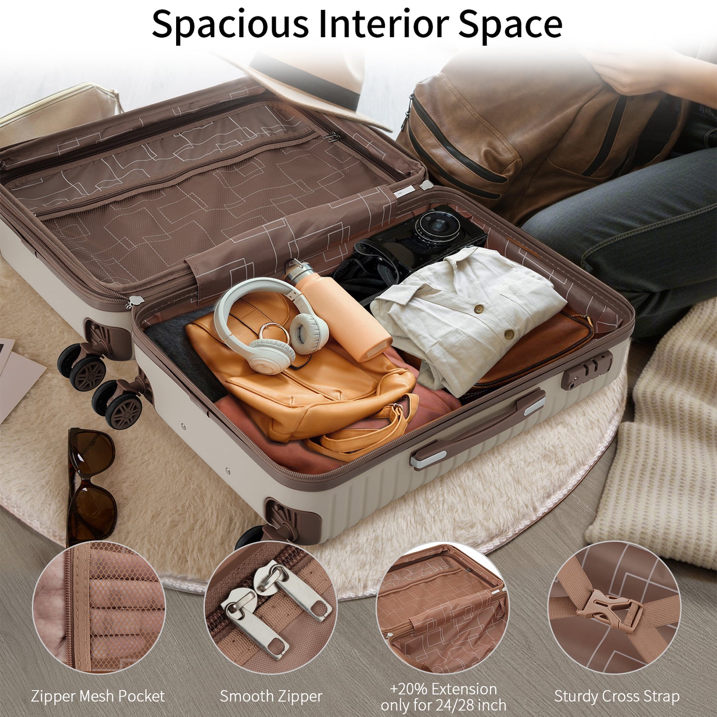 Expandable 4-Piece Luggage Set with TSA Lock & Packing Cubes - Khaki