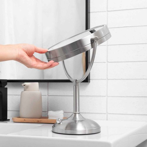 JERDON Lighted Tabletop Mirror with 10X/1X Magnification - LED Lighted Makeup Mirror with Multiple Light Settings in Nickel Finish - 8.5-Inch Diameter Vanity Mirror - Model JS8510BN