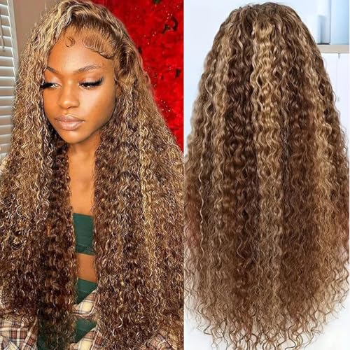 Ombre Lace Front Wig Human Hair Highlight Deep Wave 5x5 Hd Lace Closure Wigs Human Hair 4/27 Colored Glueless Honey Blonde Wig Human Hair Wig Pre Plucked Wet Wavy Curly Wig 180 Density 24 Inch