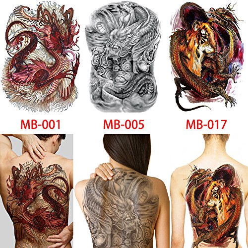 Glaryyears Super Large Full Back Covered Temporary Tattoo, 3 Pack Big Fake Realistic Tattoos Stickers for Adults Women Men, Scary Fierce Dragon Tiger Design