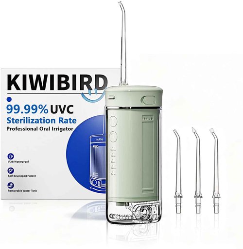 KIWIBIRD Mini Water Flosser for Travel, Ultra-Portable Cordless Oral Irrigator with UVC Light, IPX8 Waterproof 3 Modes, 230mL Teeth Cleaner for Tonsil Stones & Braces Care - Home & Travel (Green)