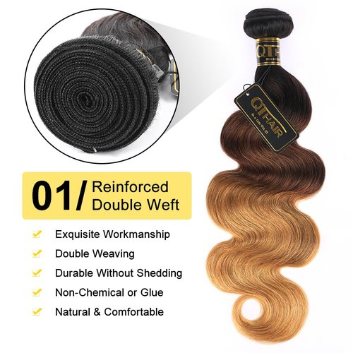 QTHAIR 16A Grade Ombre Body Wave Human Hair Bundles #1b/4/27 Color 24" 100g 100% Brazilian Body Wave Bundles Human Hair Extensions for Black Women