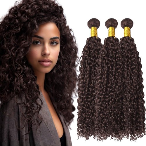 24 24 24 Inch Chocolate Kinky Curly Bundles Human Hair Color 4 Brown Curly Wave Bundles Human Hair Dark Brown Bundles Double Weft Brazilian Human Hair Extensions for Black Women