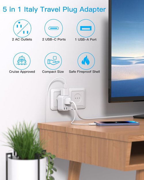 HANYCONY Italy Travel Power Plug Adapter, Type L Plug Adapter with 2 Outlets 3 USB Ports(2 USB C) for US to Italy Rome Uruguay Chile