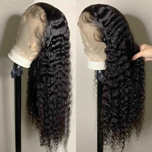 Juvid 13x6 Lace Front Wigs Human Hair HD Transparent Deep Wave Curly Human Hair Wig 180% Density Baby Hair Natural Black Glueless Wig 18inch Baby Hair Wet and Wavy for Black Women Pre Plucked Hairline