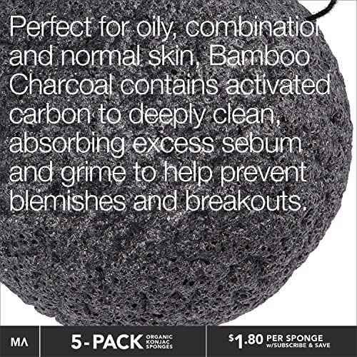 Minamul Konjac Exfoliating Organic Facial Sponge Set, Gentle daily face scrub/skincare, best bamboo activated charcoal, Safe for Oily, Dry, Combination or Sensitive skin, Makeup Remover, 5 pack