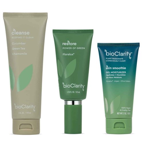 BioClarity 3-Step Essentials Skin Care Routine for Normal and Oily Skin Types | Cleanse, Restore, Moisturize, Hydrate | 100% Clean Vegan Ingredients | Full Size