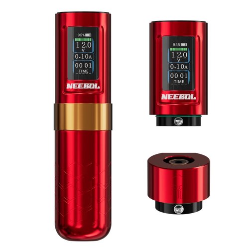 Neebol Wireless Tattoo Gun Rotary Tattoo Machine LED Display Screen 8 Hour Battery Life Extra Battery Permanent Tattoo Art High-end Tattoo Pen Equipment Supply Makeup Gift (Red)