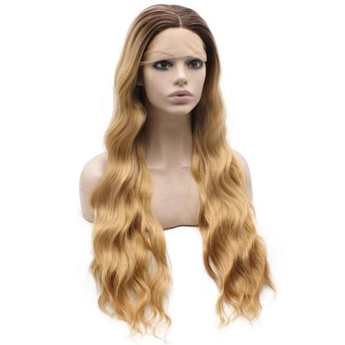 MX angel Long Wavy Blonde Ombre Synthetic Lace Front Two Tone Half Hand Tied Heat Resistant Fiber Hair Wig