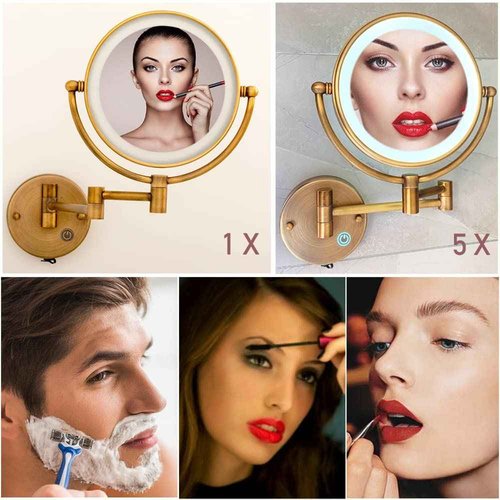 RECKODOR 8" Brass Wall Mount Makeup Mirror with Lights, 1X/5X Double Sided Personal Mirrors for Bathroom with 360 Swivel Extendable, Antique Brass Indoor Arts Ware, Plug Powered