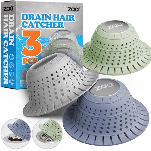 zaa Bathtub Drain Hair Catcher, Silicone Collapsible 3 Pack Drain Protector for Pop-Up and Regular Drains of Shower, Bathtub, Tub, Bathroom, Sink, Green Grey Blue