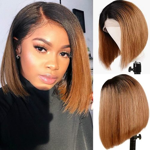 Short Straight Bob Wig 13x4x1 Lace Front Wigs for Black Women Ombre Brown Human Hair 12 Inch 150% Density Brazilian Virgin Bob Wigs Human Hair Pre Plucked with Baby Hair（TT1B/30 Color）
